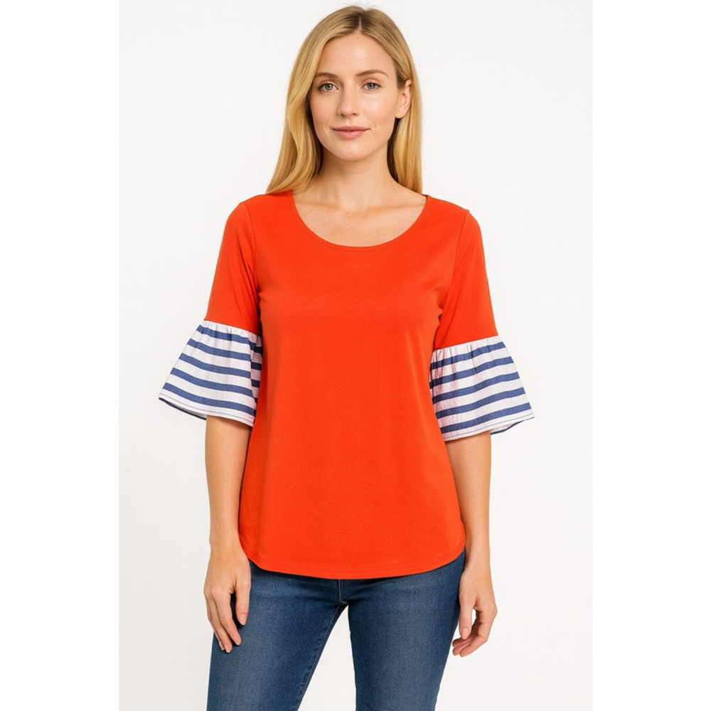 Women's Betsey's Boutique Shop Short Sleeve Tee S Orange Blue Striped